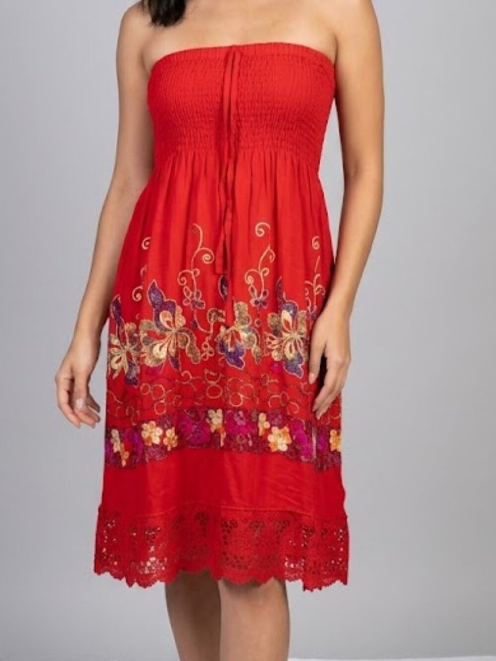 Modas Posada / Modas Arong Red Floral Embroidered Strapless Tube Sundress Size M